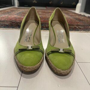 Salvatore Ferragamo Green Suede Espadrille Wedges Size 36 EU